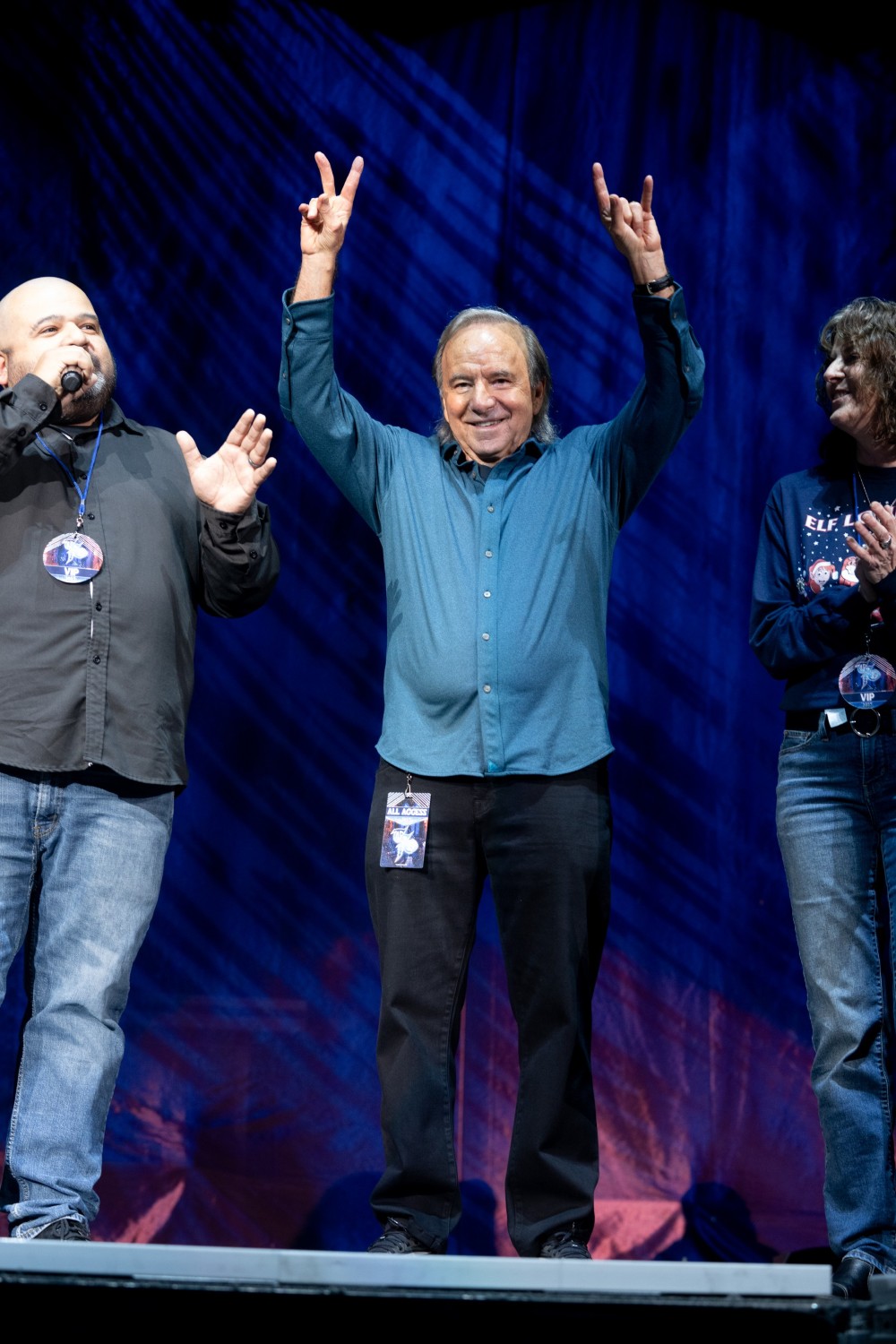 Chris Sifuentes (KISS-FM) congratulating Jack Orbin (President Stone City Attractions) for 24 years of producing Trans-Siberian Orchestra in San Antonio, TX and his acknowledgement to audience cheers